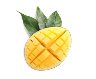 Photo of Cut ripe mango on white background, top view. Tropical fruit