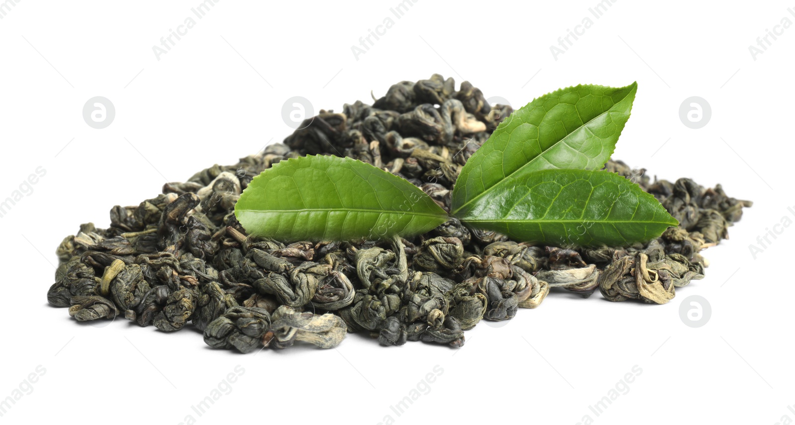 Image of Dry green tea and fresh leaves on white background