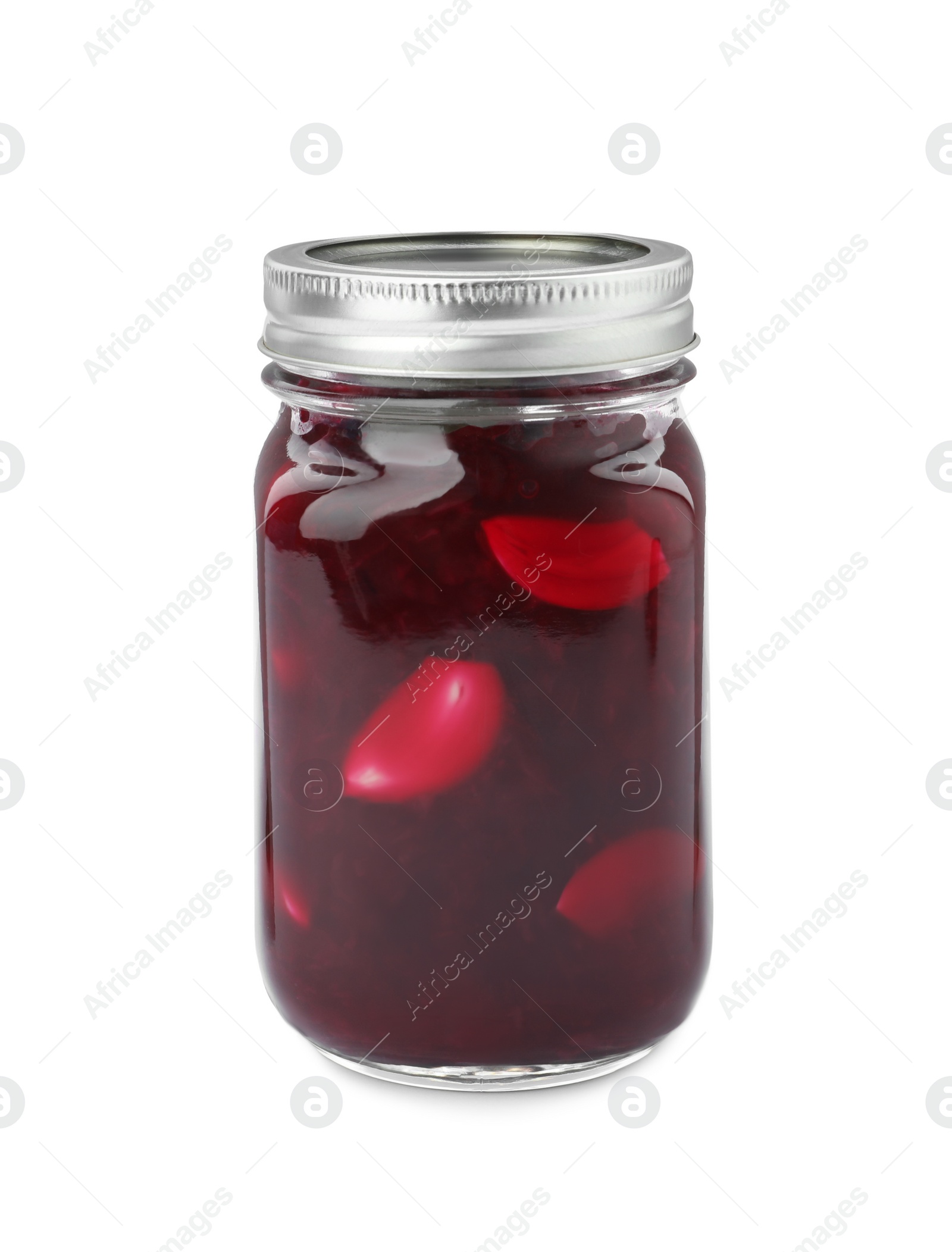 Photo of Pickled beets in glass jar isolated on white