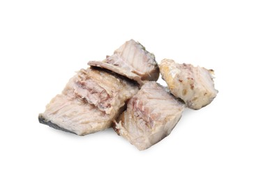 Delicious canned mackerel chunks on white background