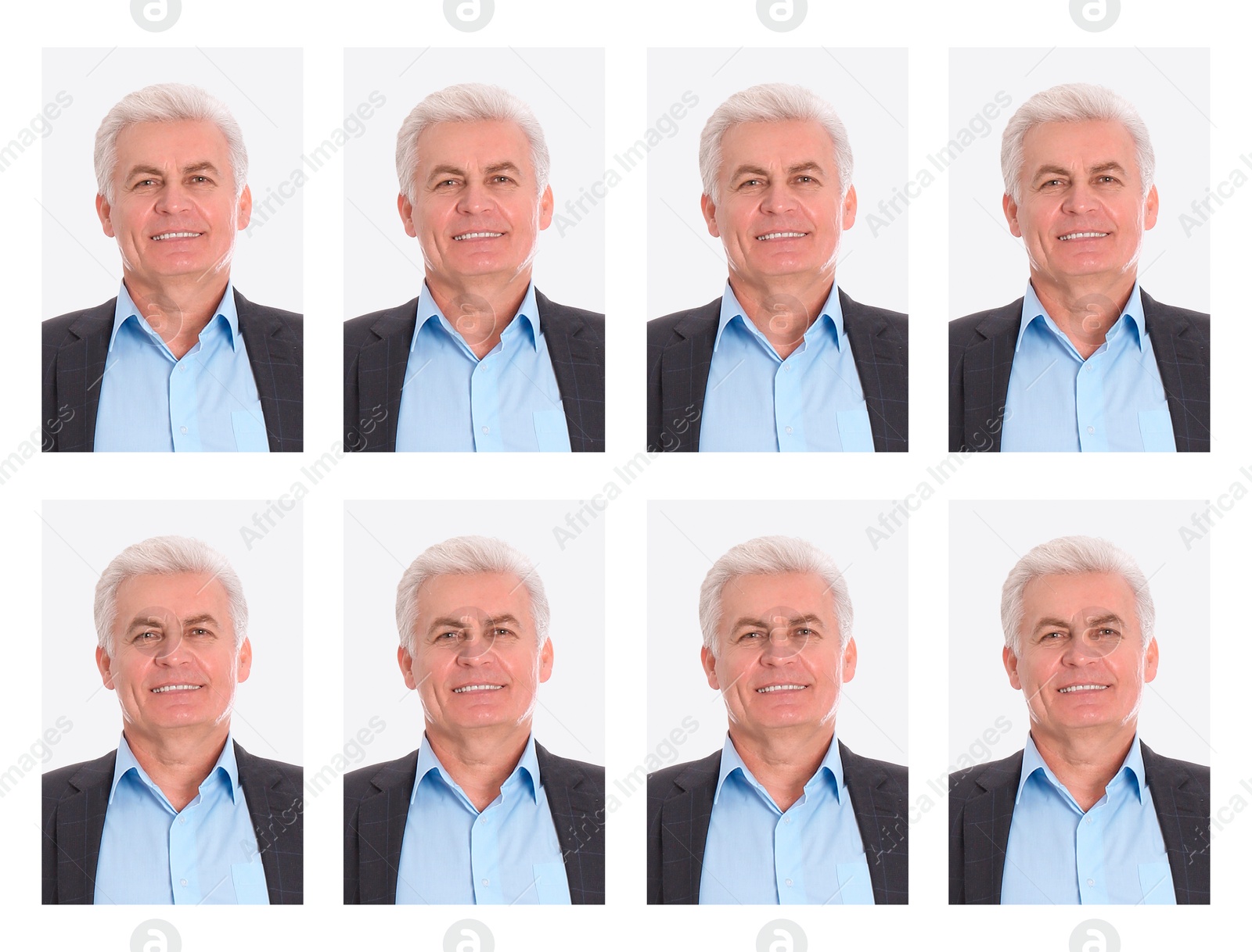 Image of Passport photo, collage. Man on white background, set of photos