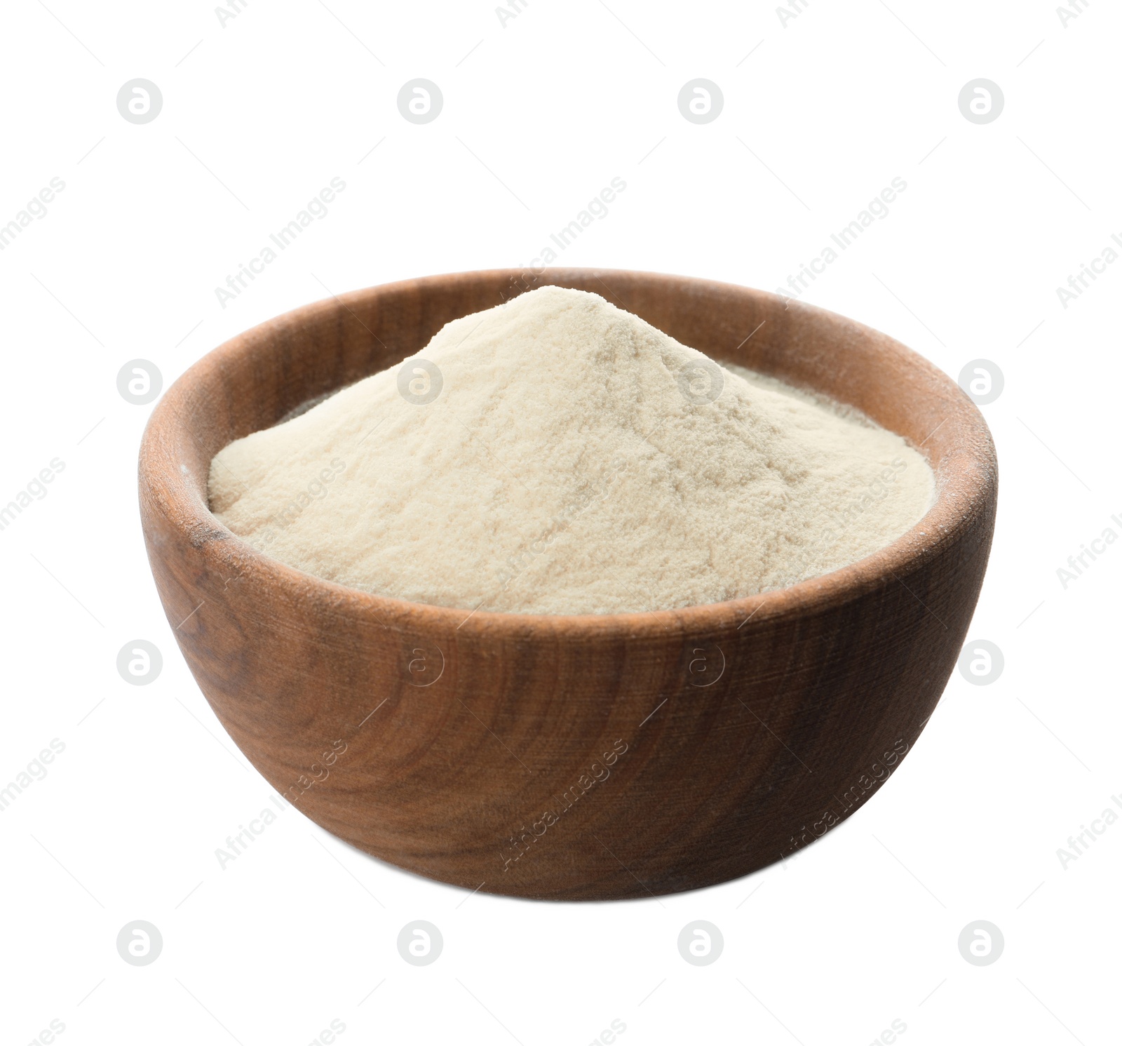 Photo of Wooden bowl of agar-agar powder isolated on white