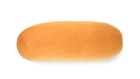 Photo of One fresh hot dog bun isolated on white, top view