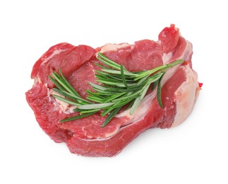 Photo of Fresh raw meat with rosemary isolated on white, top view
