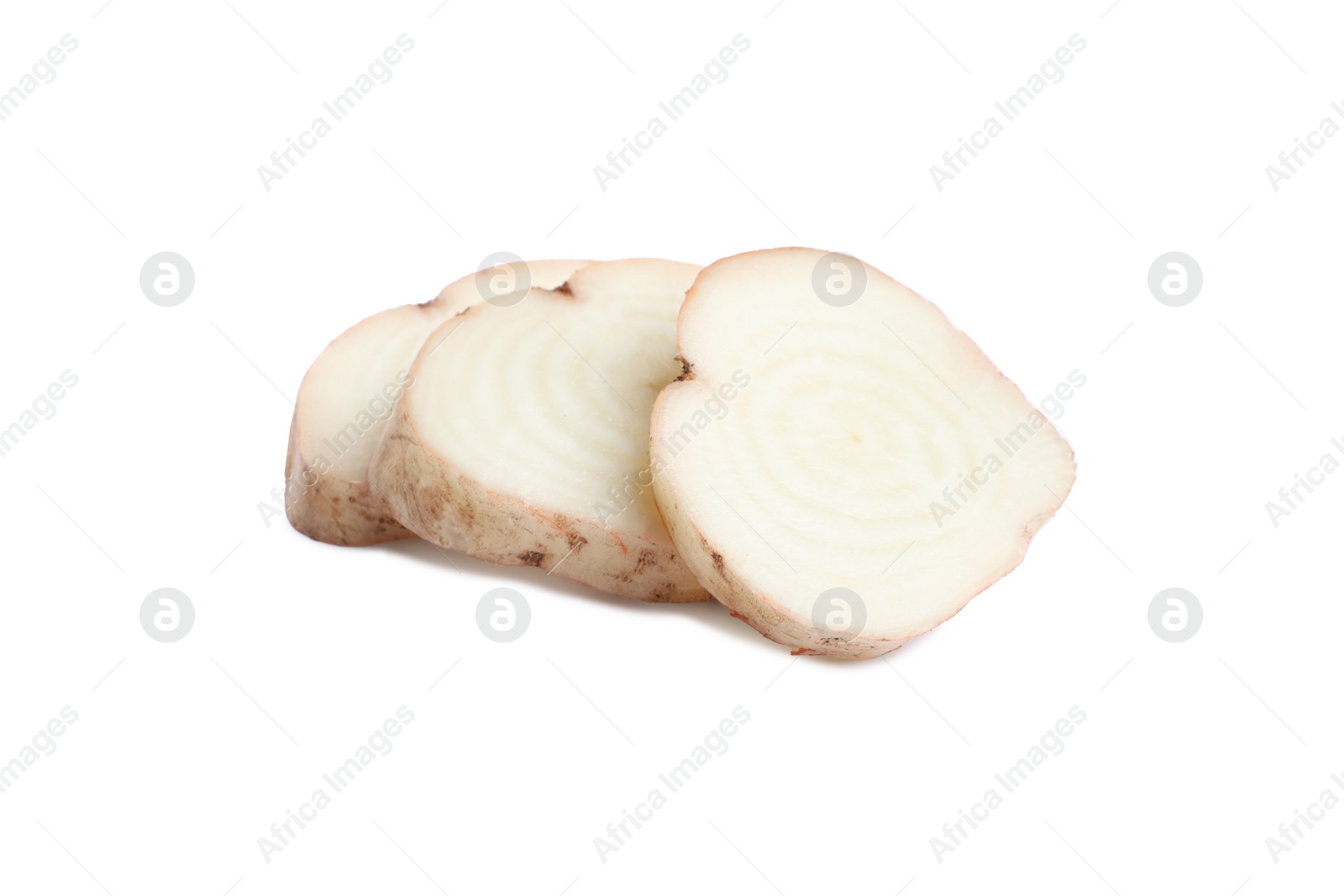 Photo of Pieces of sugar beet on white background