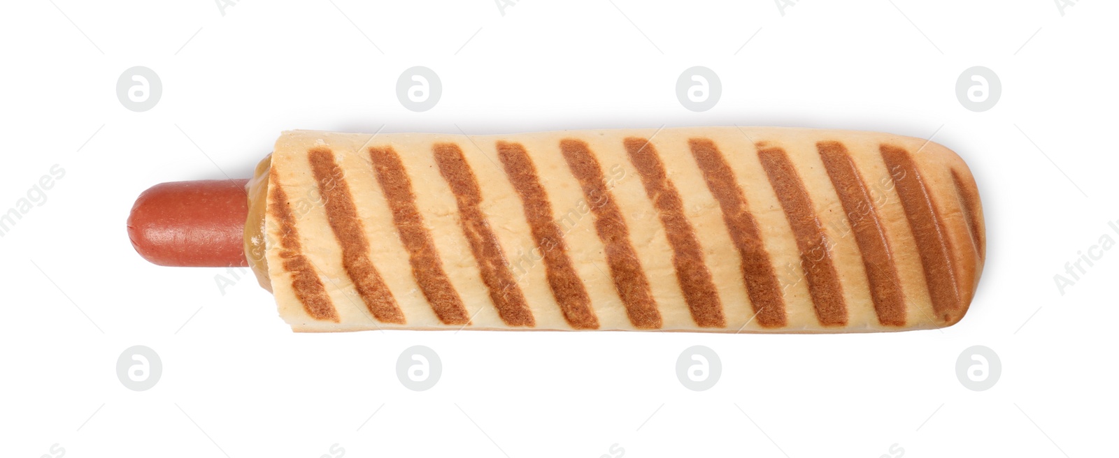 Photo of Tasty french hot dog with mustard isolated on white, top view