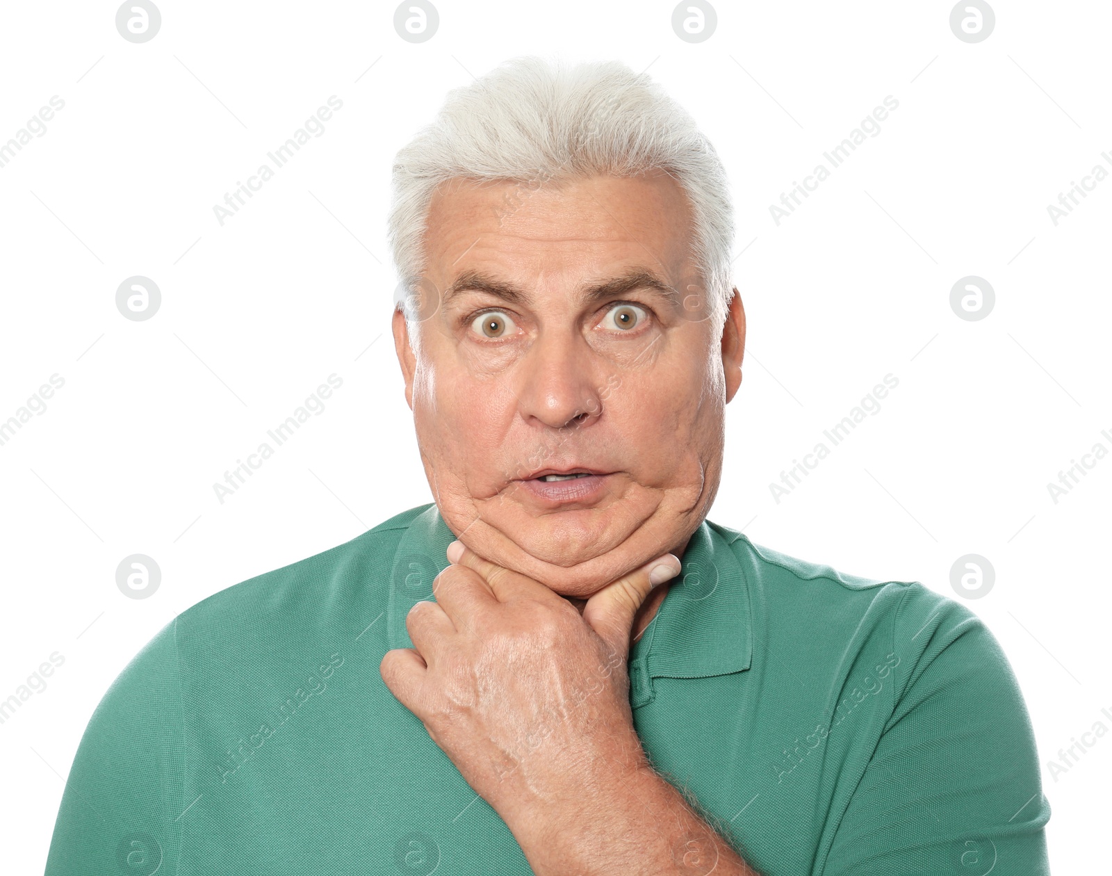 Photo of Emotional mature man with double chin on white background