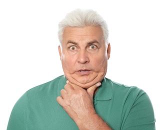 Emotional mature man with double chin on white background