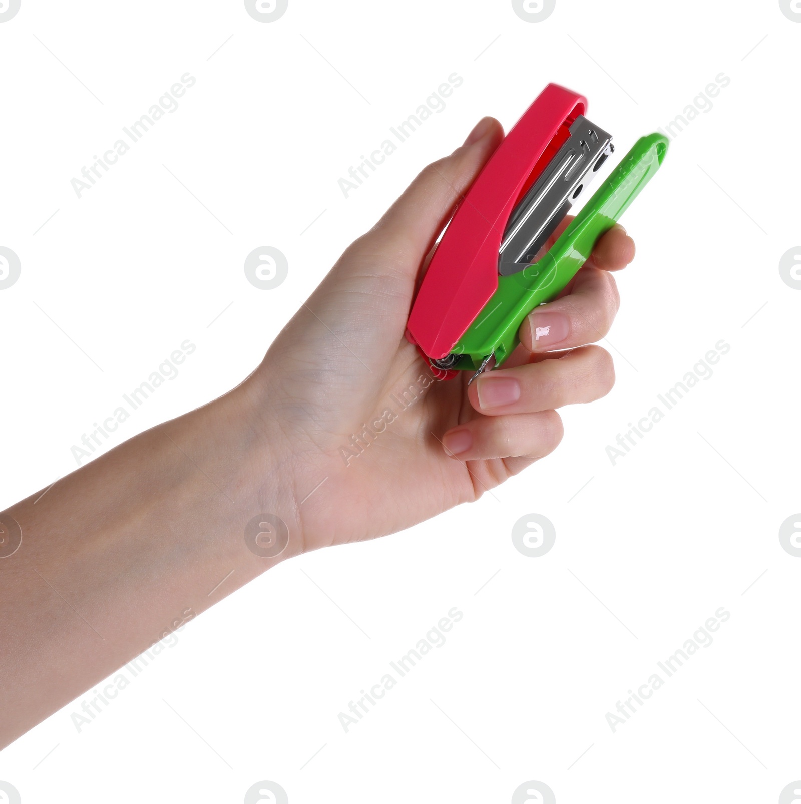 Photo of Woman holding bright stapler on white background, closeup