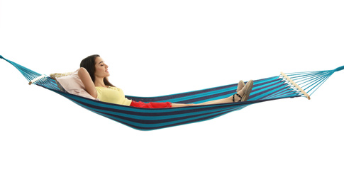 Photo of Woman sleeping in hammock on white background