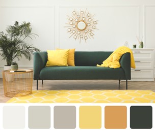 Image of Color palette and photo of stylish living room interior. Collage