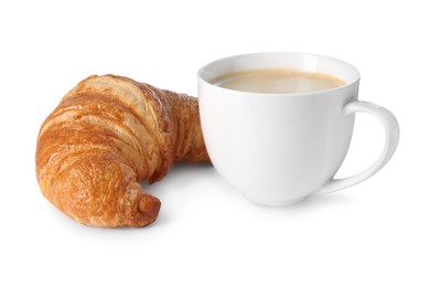 Delicious fresh croissant and cup of coffee isolated on white