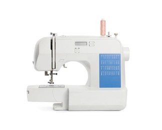 Photo of Modern sewing machine with pink thread isolated on white