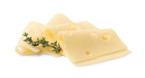 Photo of Slices of tasty fresh cheese and thyme isolated on white