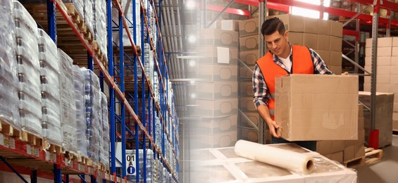 Image of Distribution. Worker with cardboard box in warehouse, double exposure. Banner design