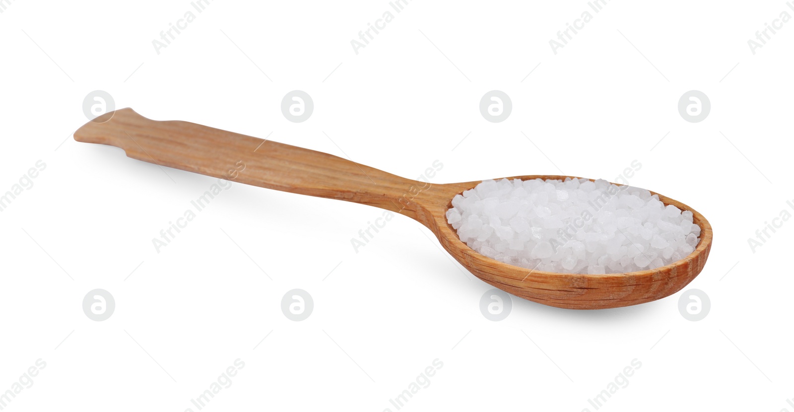 Photo of Wooden spoon with natural sea salt isolated on white