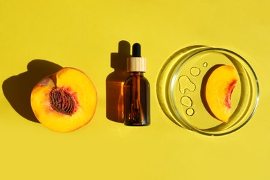Flat lay composition with Petri dishes on yellow background