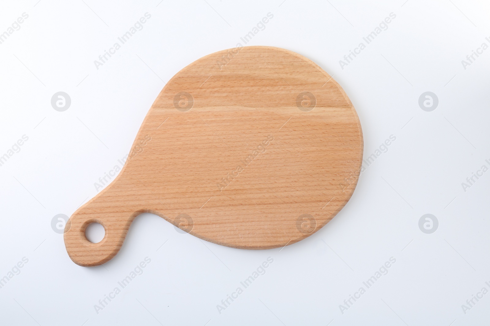 Photo of New wooden cutting board isolated on white, top view