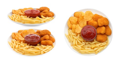 Image of French fries, chicken nuggets and chips served with ketchup on white background, collage design. Views from different sides