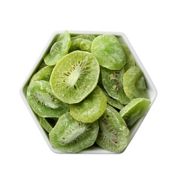 Bowl with slices of kiwi on white background, top view. Dried fruit as healthy food