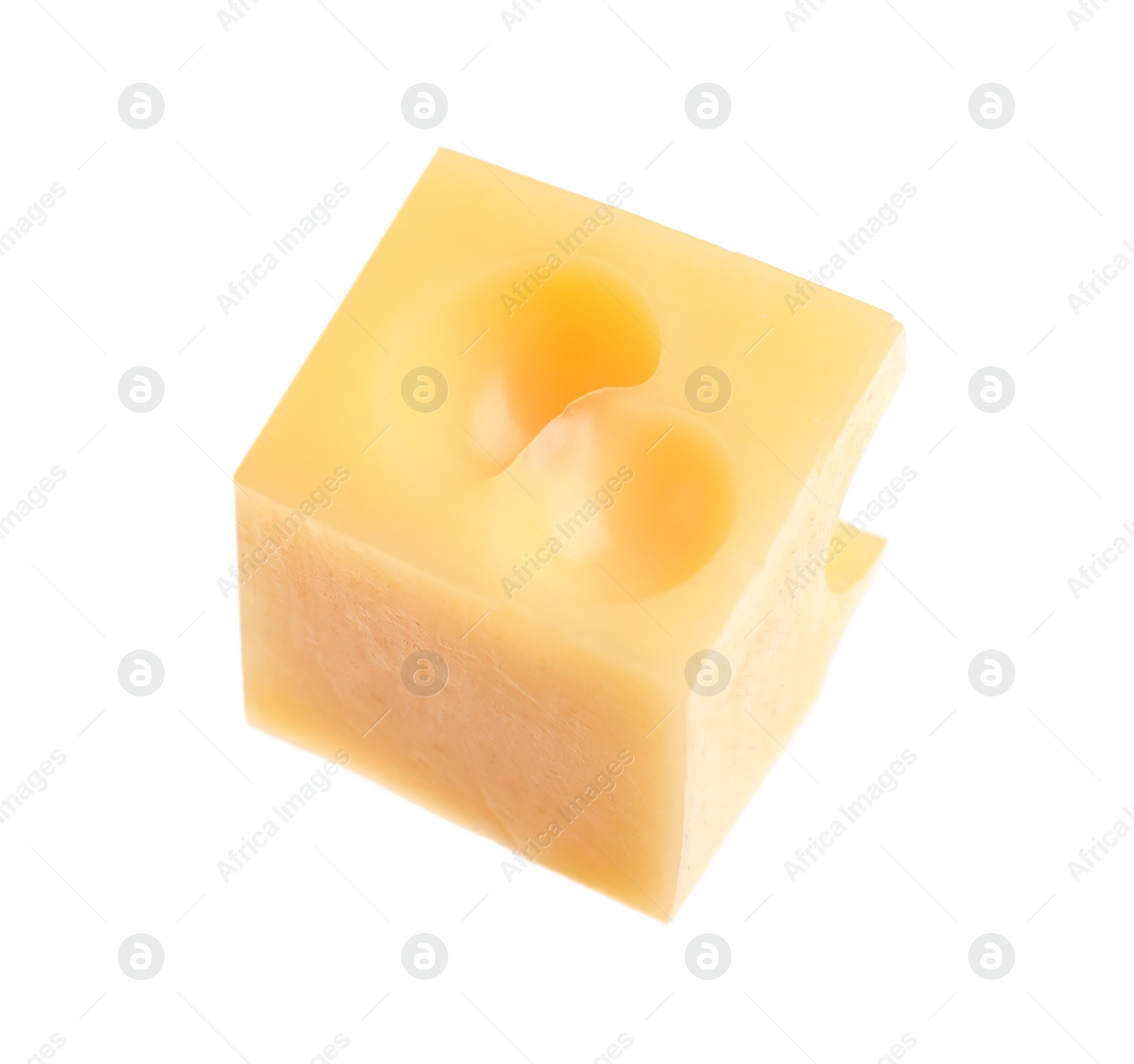 Photo of Cube of delicious cheese isolated on white