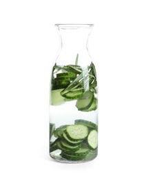 Photo of Natural lemonade with cucumber and rosemary in bottle on white background