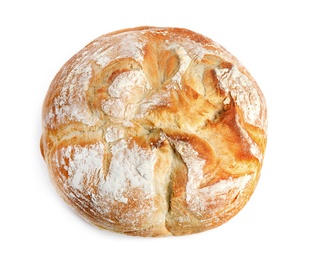 Photo of Loaf of fresh bread on white background, top view