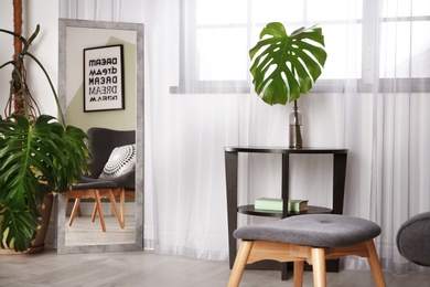 Stylish room interior with large mirror and tropic foliage