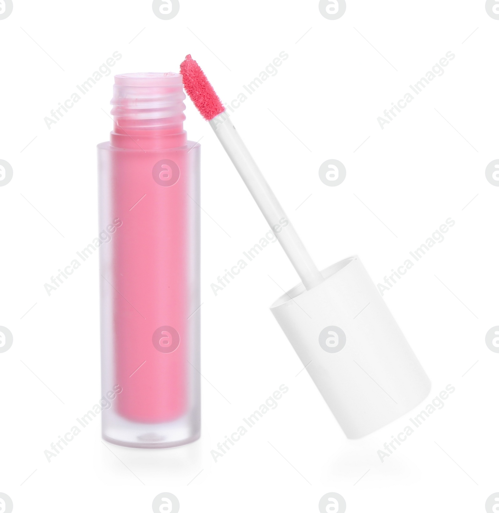 Photo of Pink lip gloss and applicator isolated on white. Cosmetic product