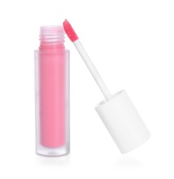 Pink lip gloss and applicator isolated on white. Cosmetic product