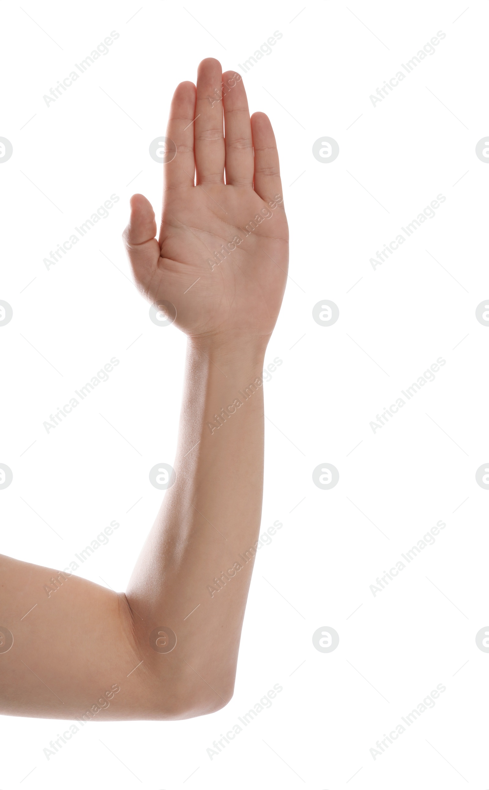 Photo of Man against white background, closeup of hand