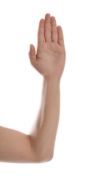 Photo of Man against white background, closeup of hand