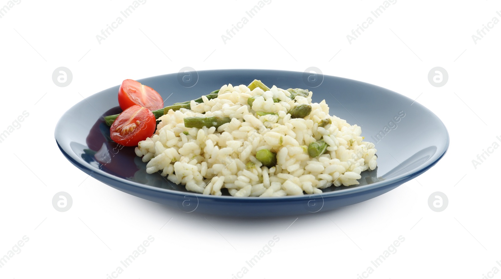 Photo of Delicious risotto with asparagus isolated on white