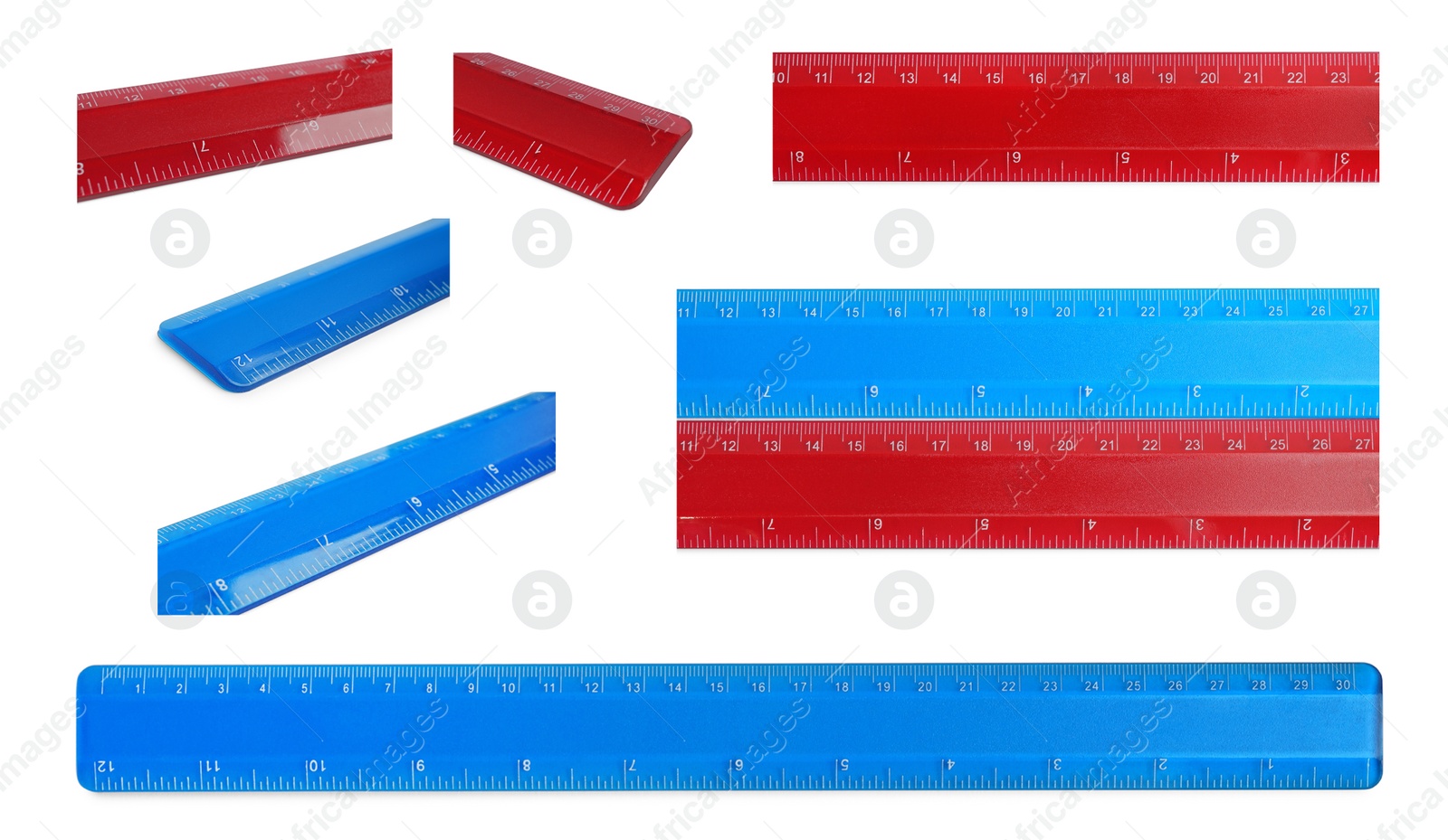 Image of Set with different rulers with measuring length markings in centimeters on white background