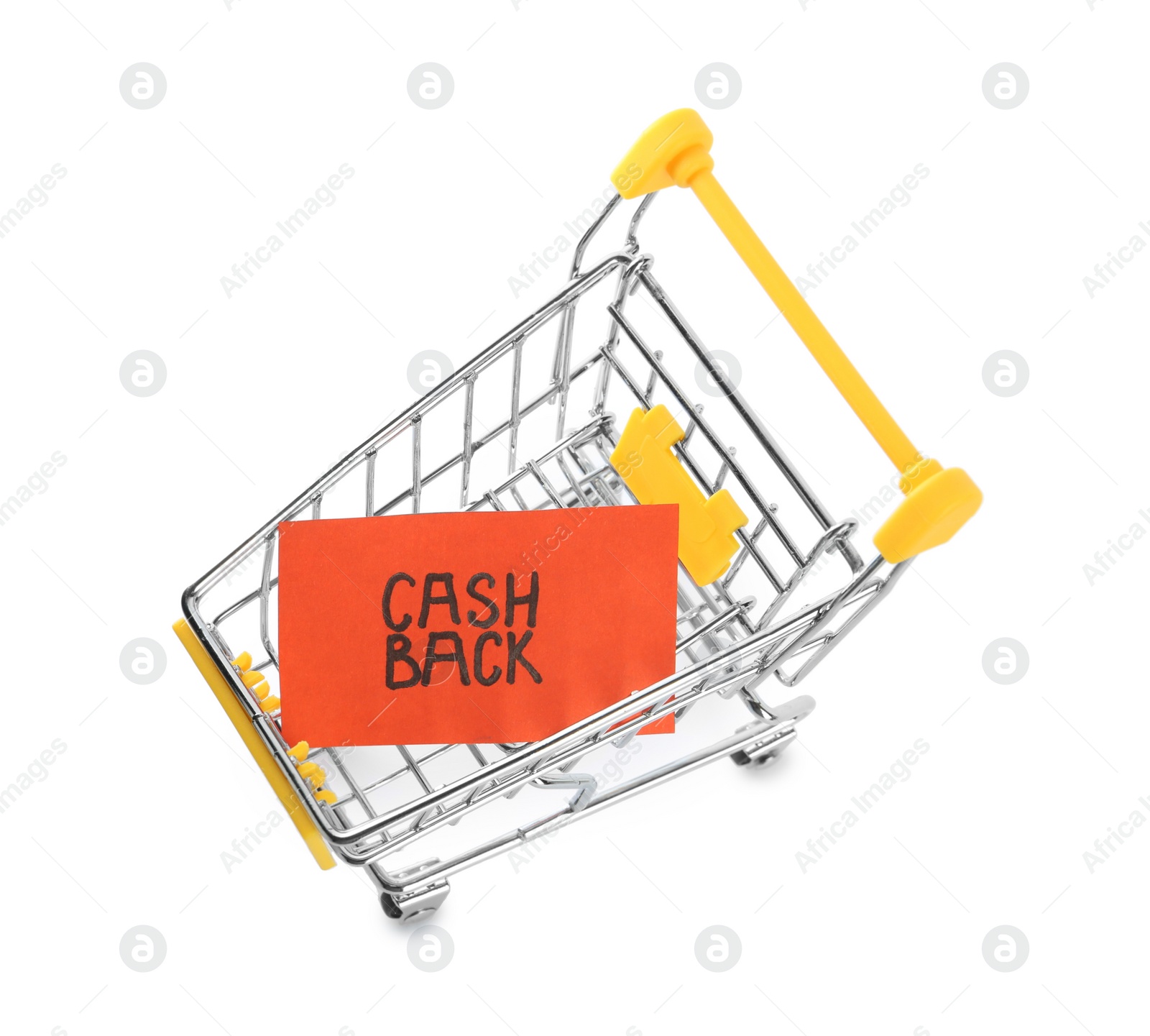 Photo of Card with word Cashback in shopping cart isolated on white, top view