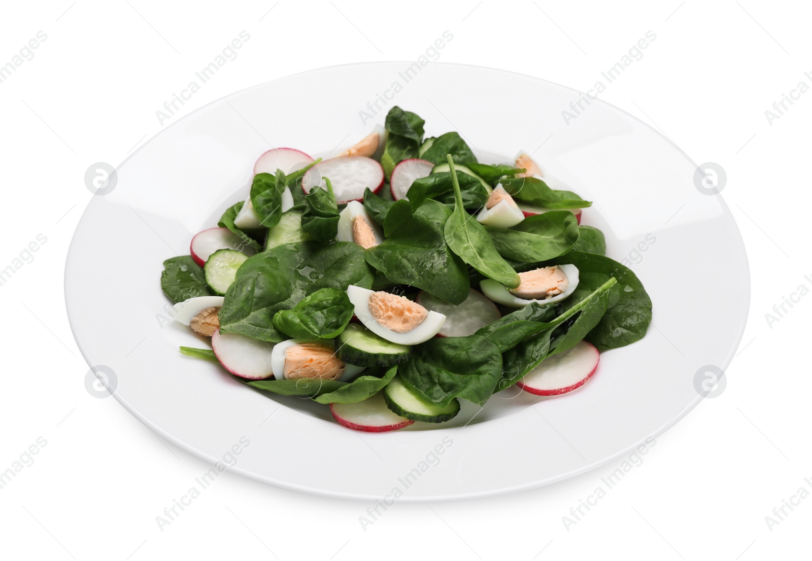 Photo of Delicious salad with boiled eggs, radish and spinach isolated on white