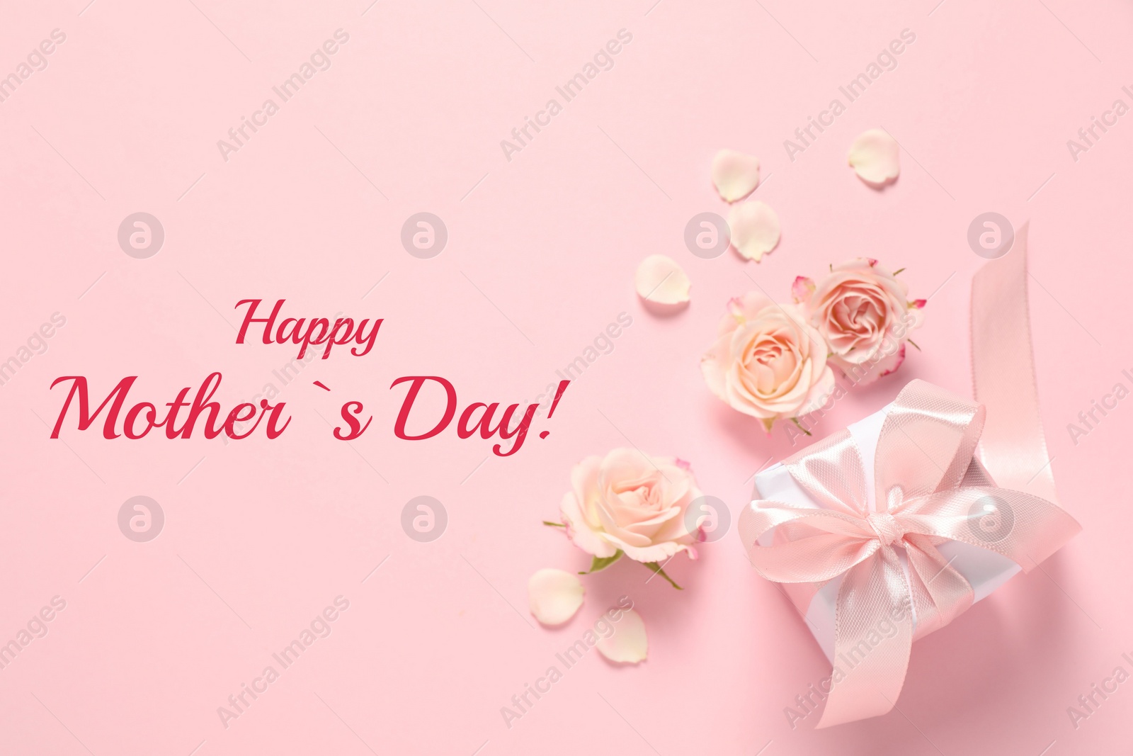 Image of Happy Mother's Day greeting card. Beautiful rose flowers and gift box on pink background