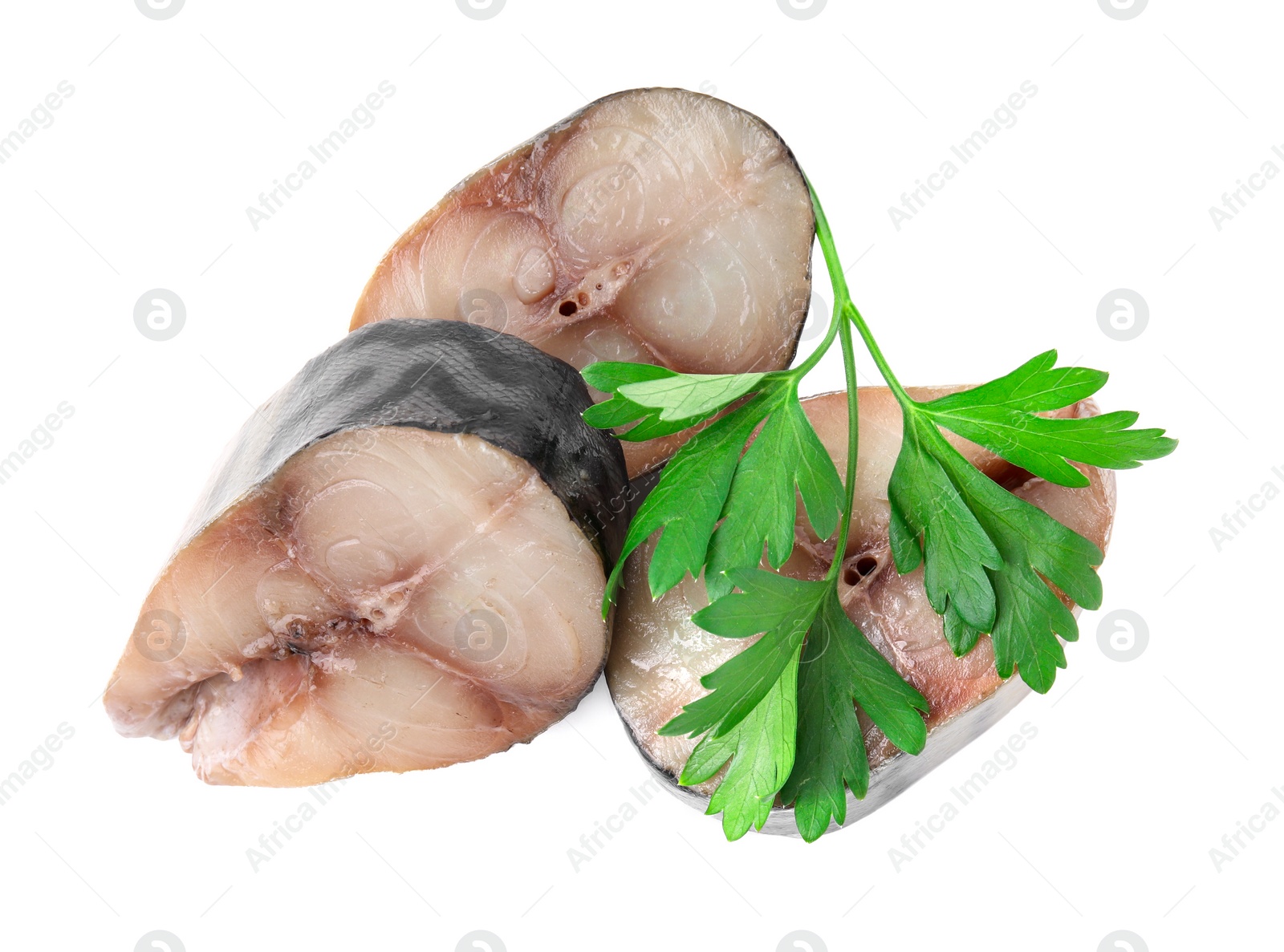 Photo of Slices of tasty salted mackerel and parsley isolated on white, top view