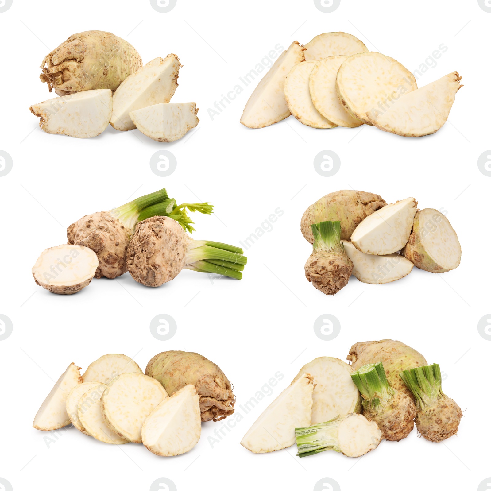 Image of Whole and sliced celery roots isolated on white, collage design