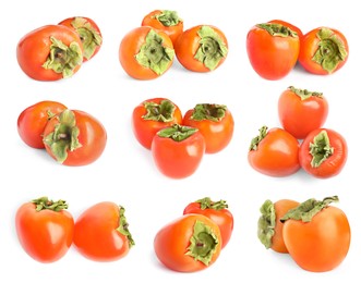 Set with sweet ripe persimmons on white background