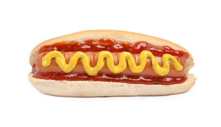 Photo of Delicious hot dog with mustard and ketchup on white background