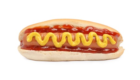 Delicious hot dog with mustard and ketchup on white background