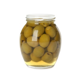 Photo of Jar of pickled olives isolated on white