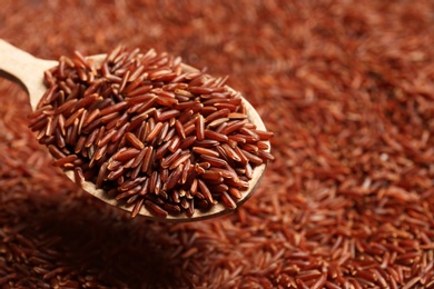 Photo of Brown rice in wooden spoon, closeup view