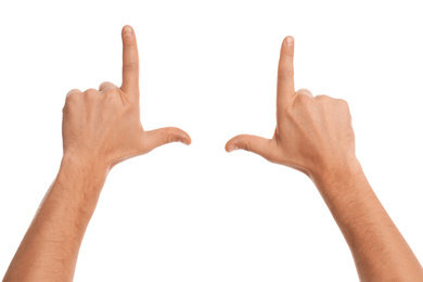 Photo of Man making frame with hands on white background, closeup