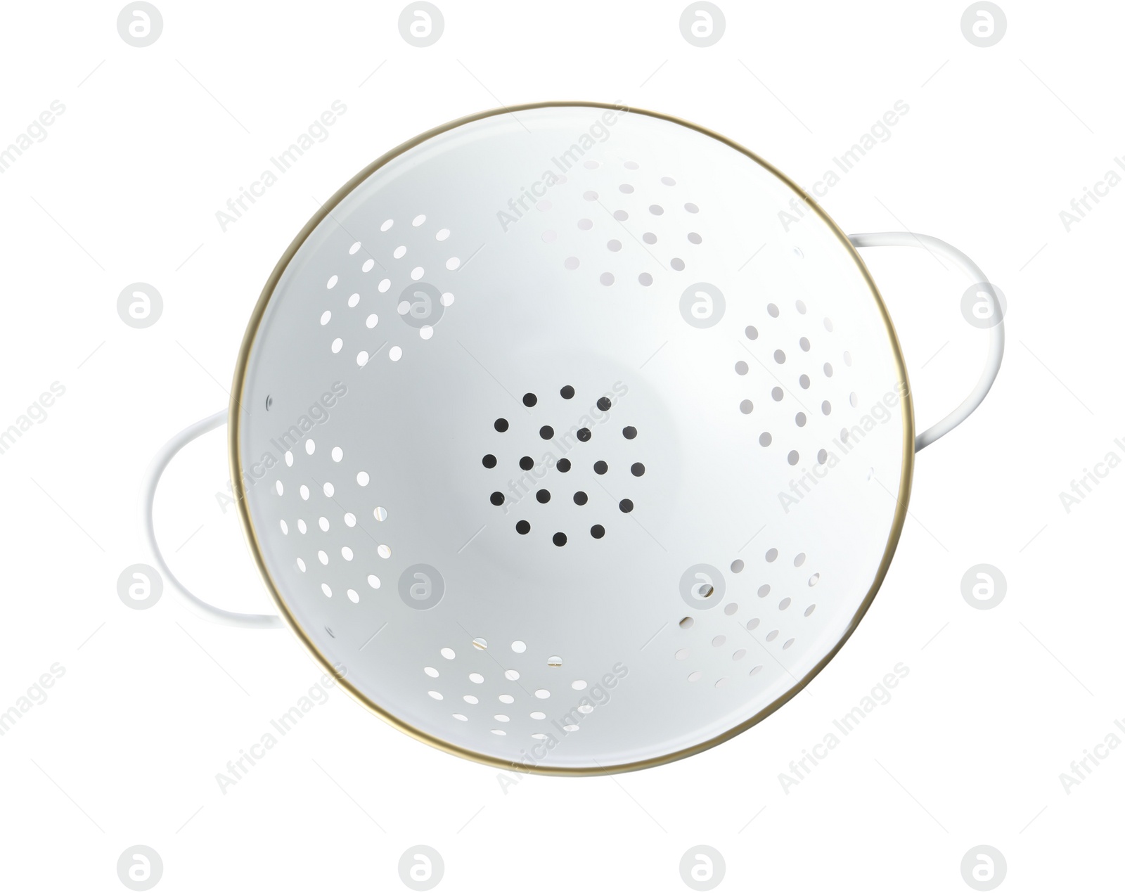 Photo of One clean empty colander isolated on white, top view