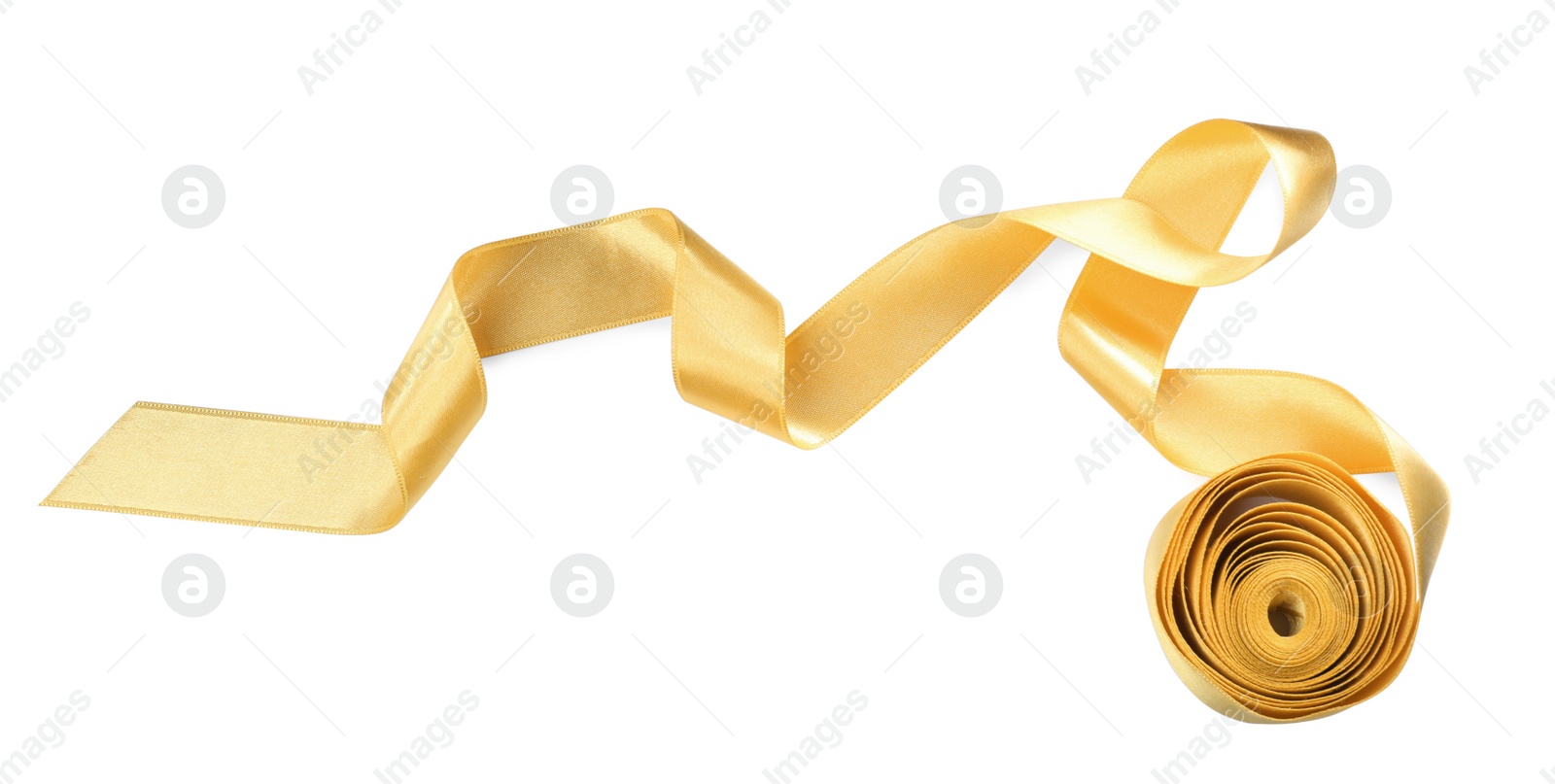 Photo of Golden satin ribbon on white background, top view