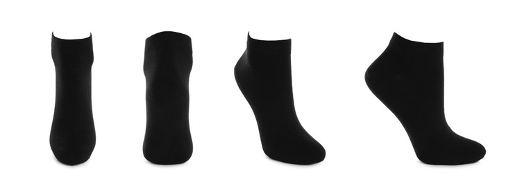 Image of Set with black socks on white background. Banner design