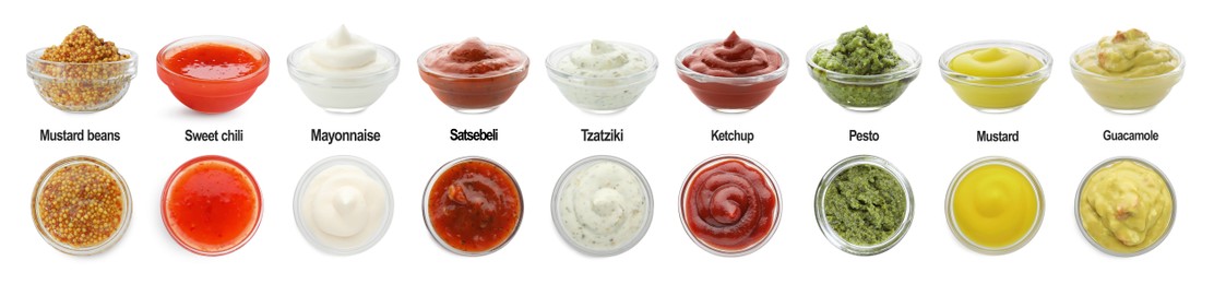 Image of Set of different sauces in bowls and names isolated on white, top and side views
