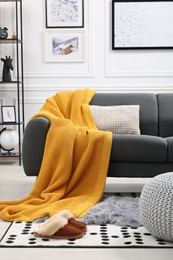 Photo of Stylish living room interior with comfortable sofa, orange blanket, slippers and ottoman